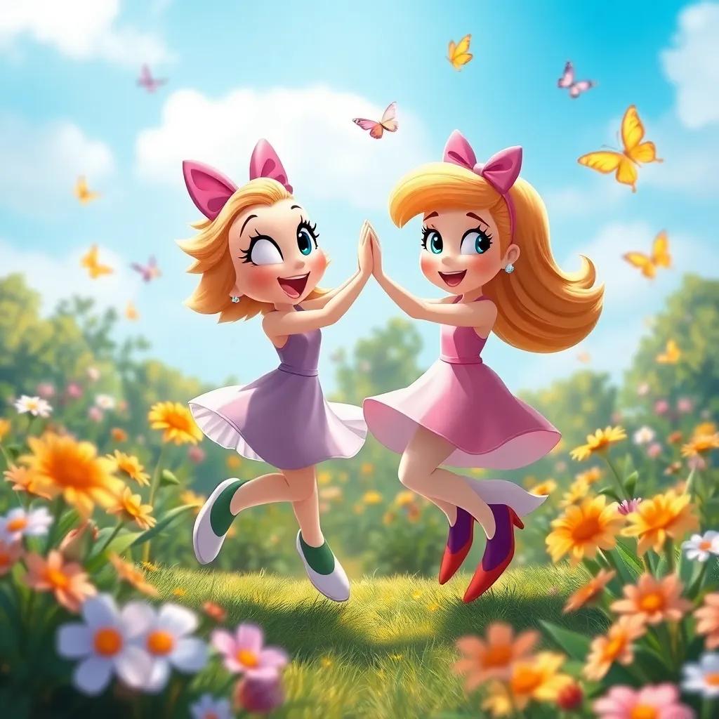 Daisy and Bella dancing together in the garden, twirling and spinning among the flowers, butterflies fluttering in the background, bright blue sky above, playful atmosphere, digital painting, warm colors, uplifting and fun, high quality