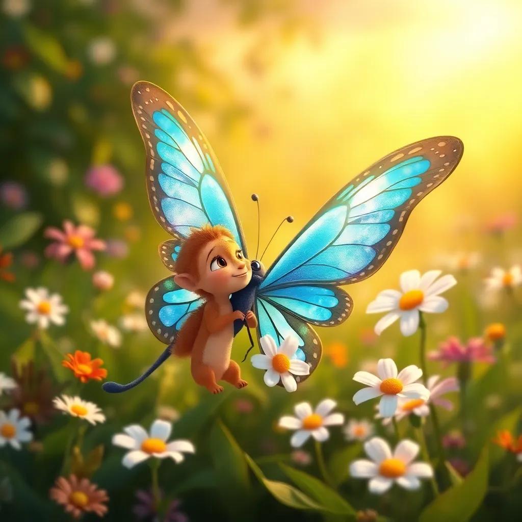 A butterfly with shimmering blue wings, Leo, sharing secrets with Daisy, lush green background with colorful flowers, soft sunset light illuminating the scene, friendly and magical vibe, illustration, detailed and vivid, child-friendly