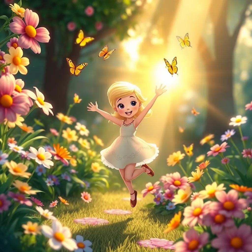 Daisy dancing joyfully in her garden, surrounded by butterflies and blooming flowers, sunlight creating a magical glow, depicting happiness and friendship, vibrant colors, illustration, enchanting atmosphere, high quality