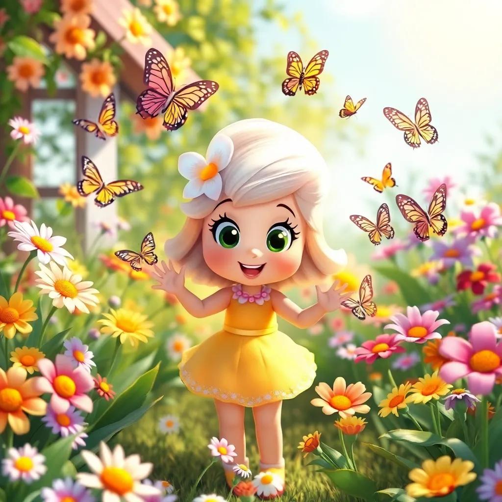 Daisy in her garden, with butterflies dancing around her, various flowers blooming beautifully, a bright sunny day, colorful and lively scene, digital art, cheerful and inviting, child-friendly
