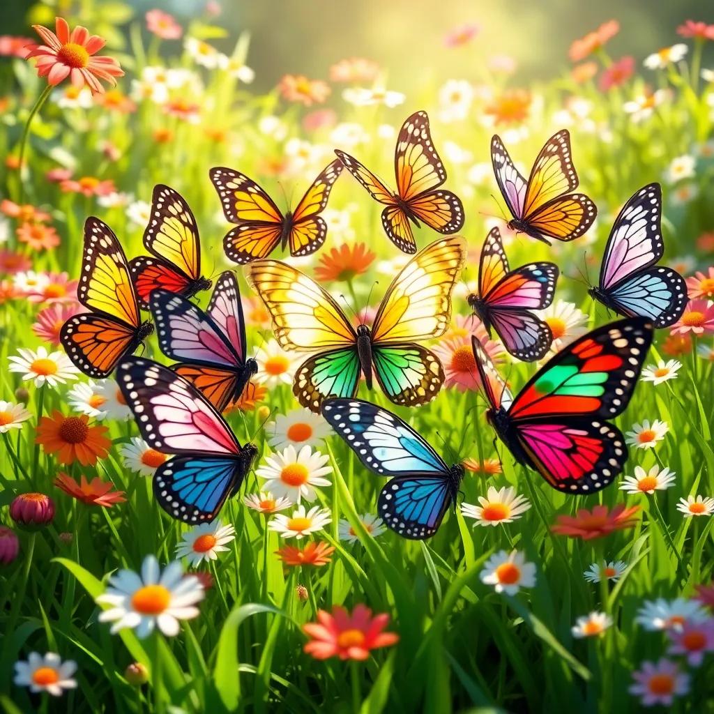 A whimsical butterfly gathering in Daisy's garden, showcasing various patterns and colors, colorful flowers and green grass surrounding them, bright sunlight, lively and charming, digital art, vibrant atmosphere, high quality