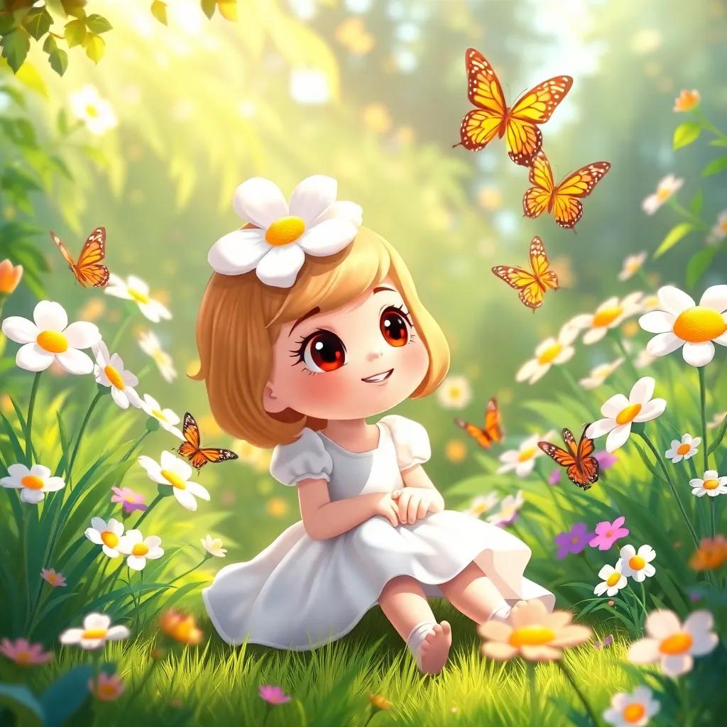 Daisy sitting in her flourishing garden, watching her butterfly friends as they play, the greenery and blossoms create a magical ambiance, warm sunlight and cheerful vibes, illustration, inviting and friendly atmosphere, high quality