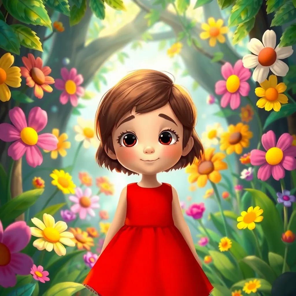 Daisy, a curious girl with short brown hair and a bright red dress, in a hidden grove surrounded by colorful talking flowers of all shapes and sizes, vibrant colors, magical light, child-friendly illustration