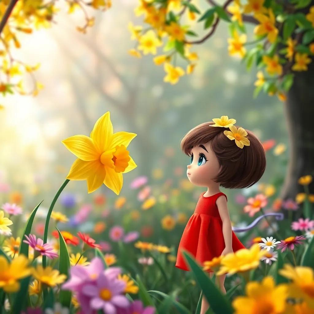 A bright yellow daffodil talking to Daisy, a curious girl with short brown hair in a bright red dress, in a beautiful grove filled with colorful flowers, enchanting ambiance, detailed digital art
