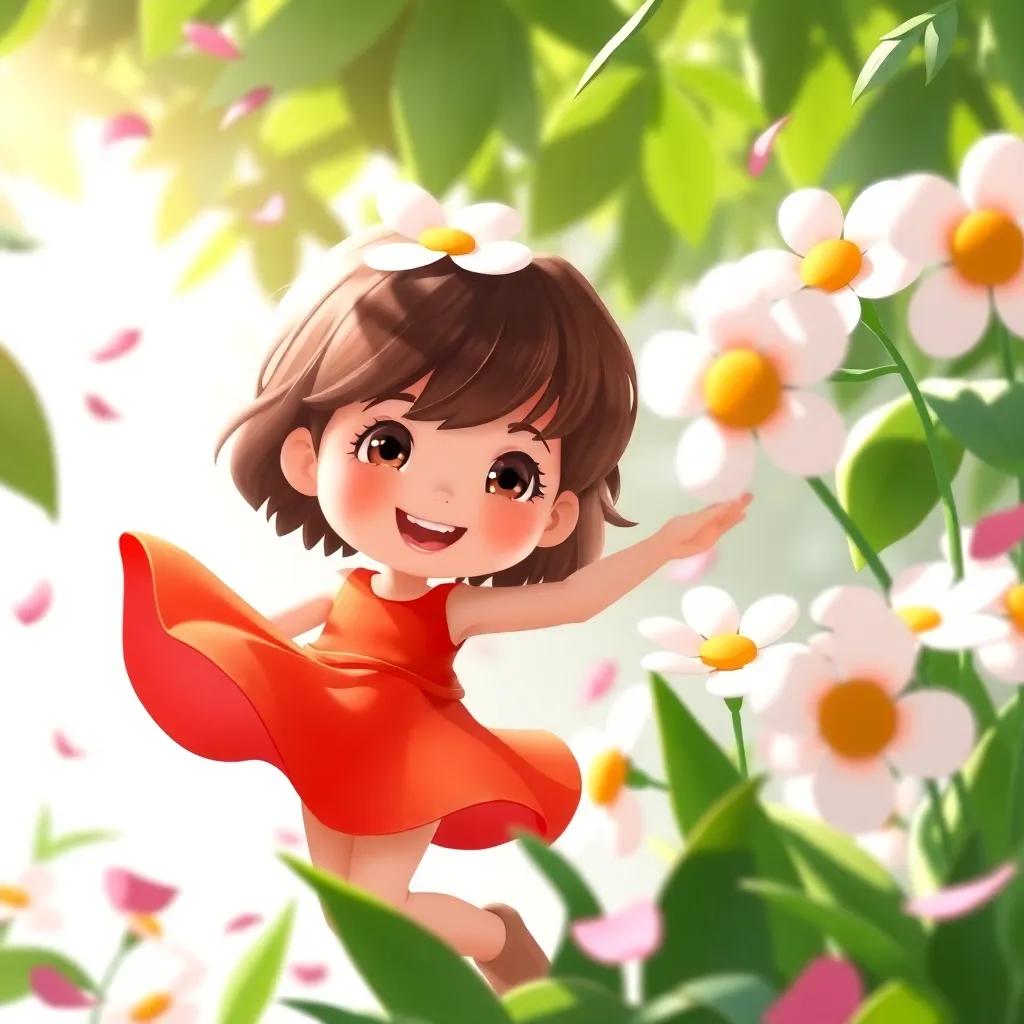 Daisy, a curious girl with short brown hair wearing a bright red dress, happily dancing with flowers, surrounded by green leaves and petals in the sunlight, joyful atmosphere, lively illustration