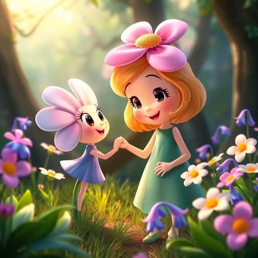 Daisy making friends with a shy bluebell in the enchanting grove, flowers swaying around them, bright colors, warm light, cheerful atmosphere, child-friendly