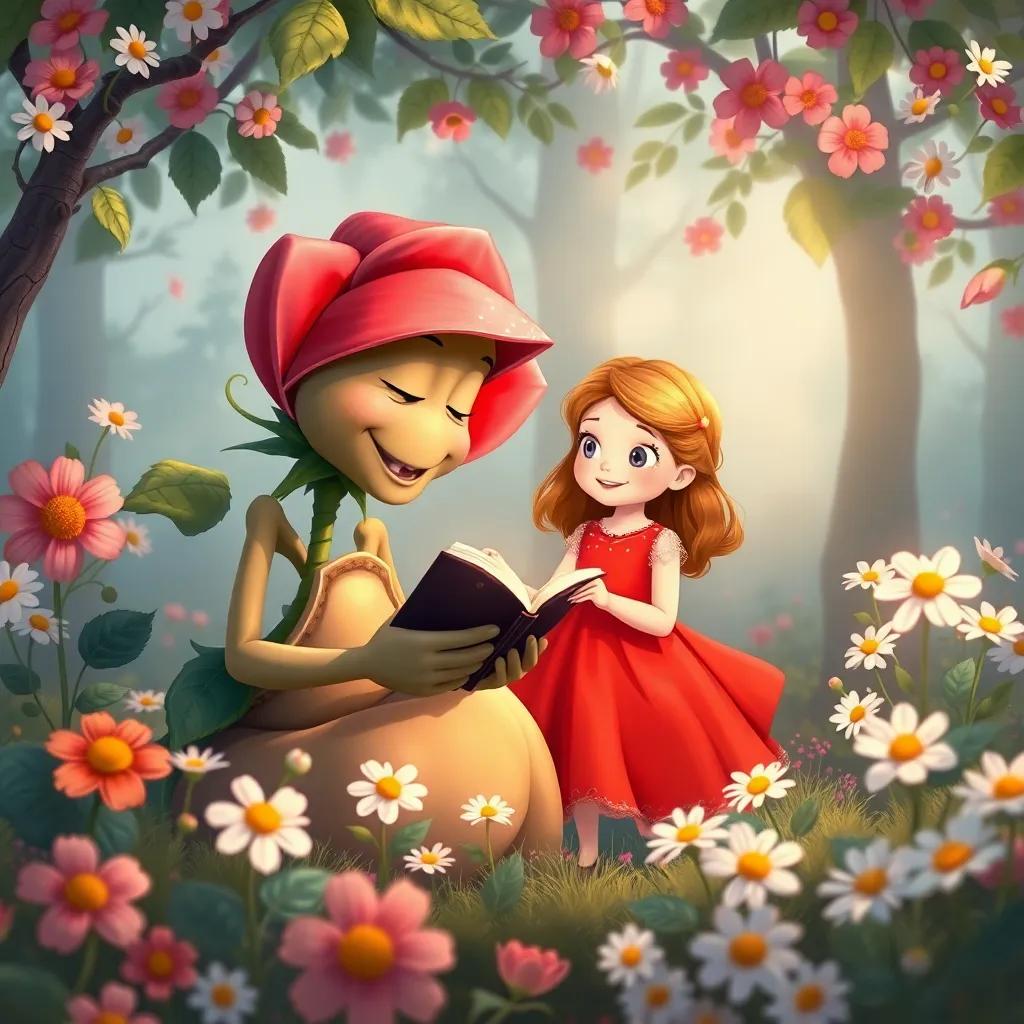 A wise old rose sharing a story with Daisy, a curious girl in a bright red dress, surrounded by flowers in the magical grove, soft colors, heartwarming scene, cozy illustration