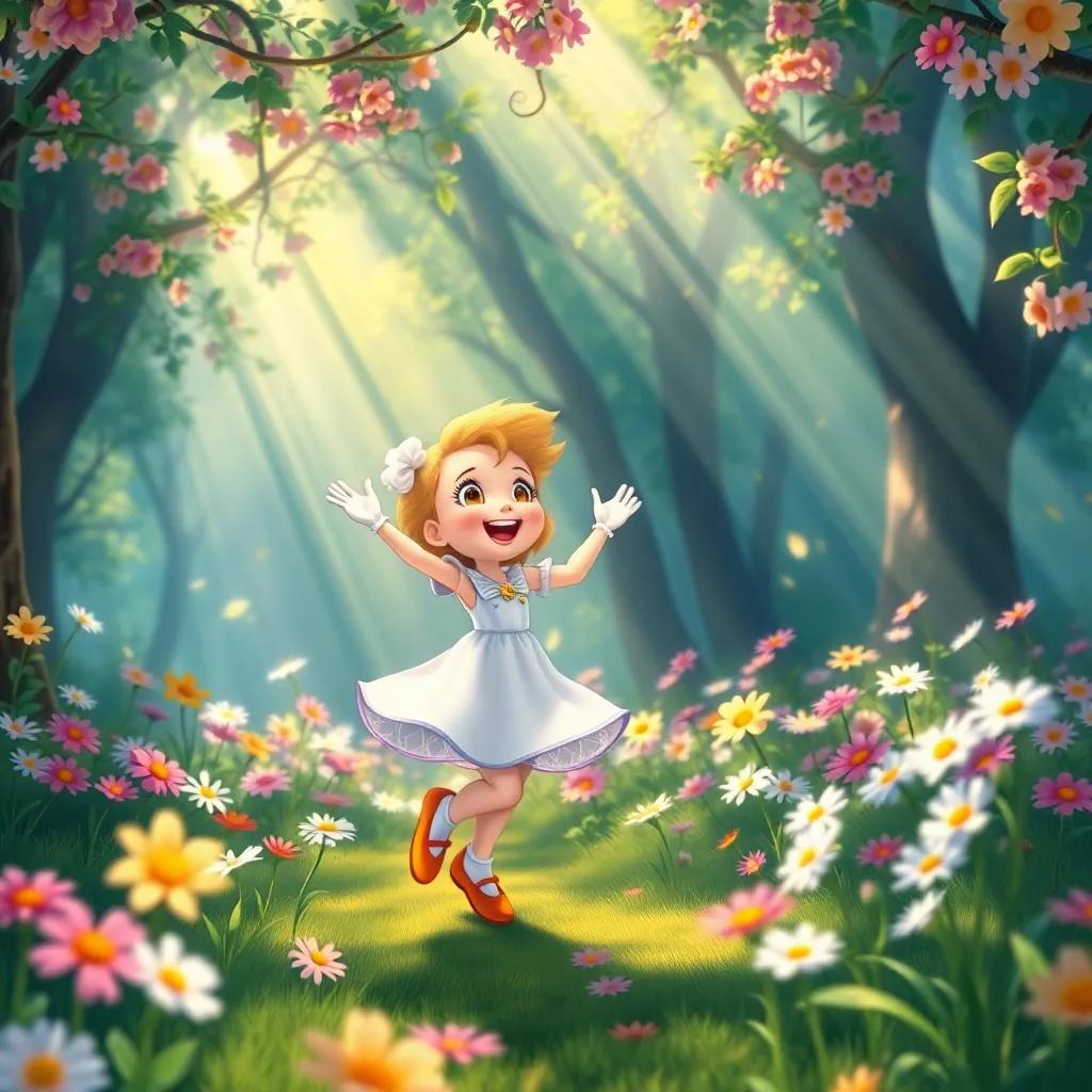 Daisy dancing and laughing with flowers in the enchanted grove, colorful and vibrant atmosphere, sunlight streaming through the trees, joyful illustration, magical