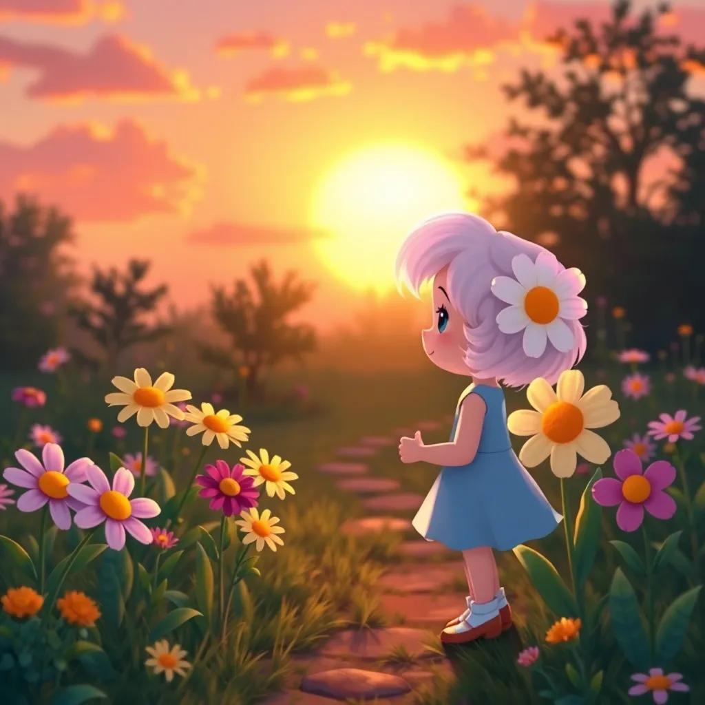 Daisy saying goodbye to her flower friends as the sun sets, with vibrant colors and warm light, nostalgic atmosphere, gentle and heartwarming scene, child-friendly illustration