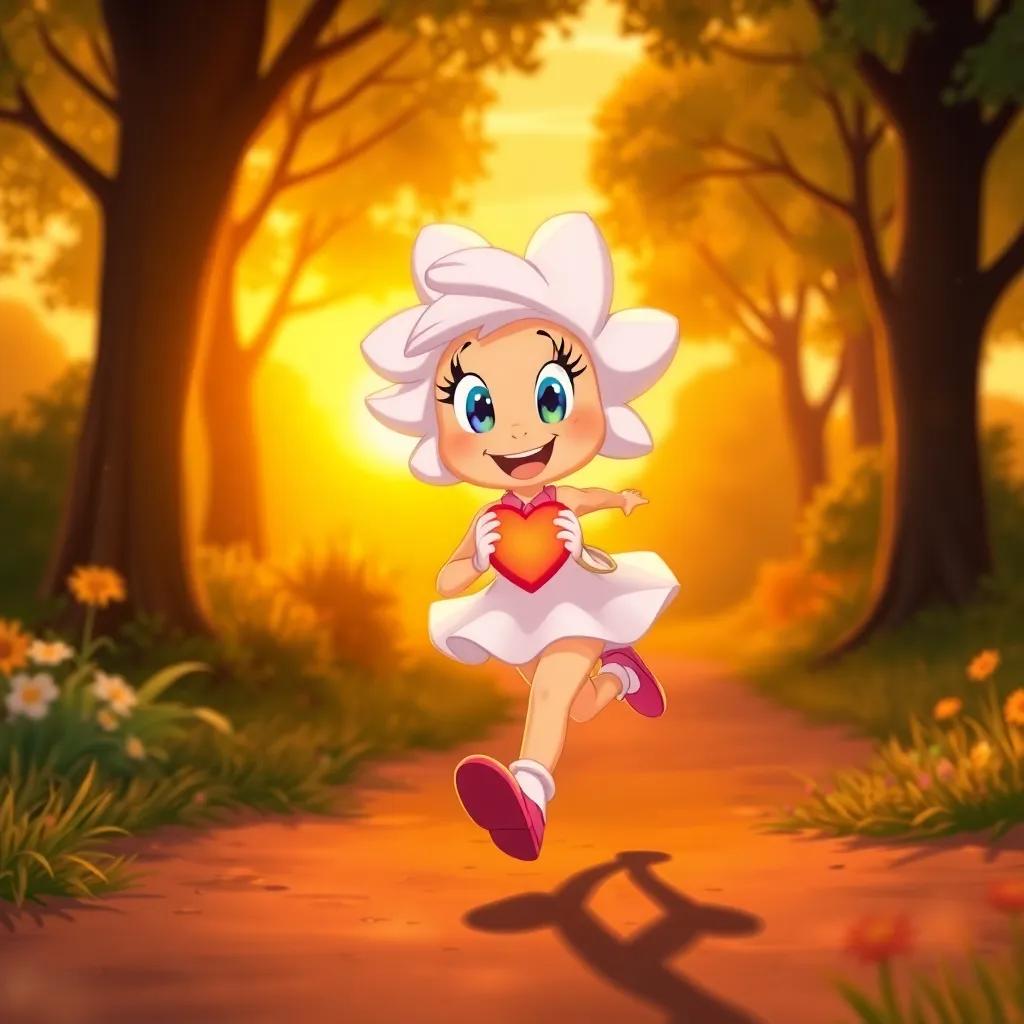 Daisy running home with a smile, her heart full of joy, surrounded by trees in the sunset glow, vibrant colors, warm atmosphere, happy illustration