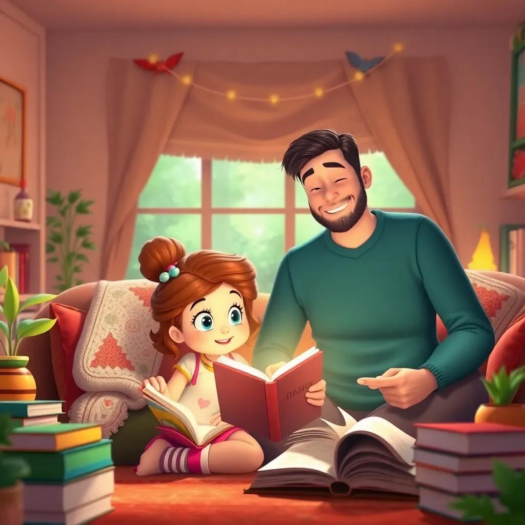 Daisy sharing her stories with her family, animated expressions, in a cozy home setting, filled with books and nature-themed decorations, lively colors, heartwarming scene