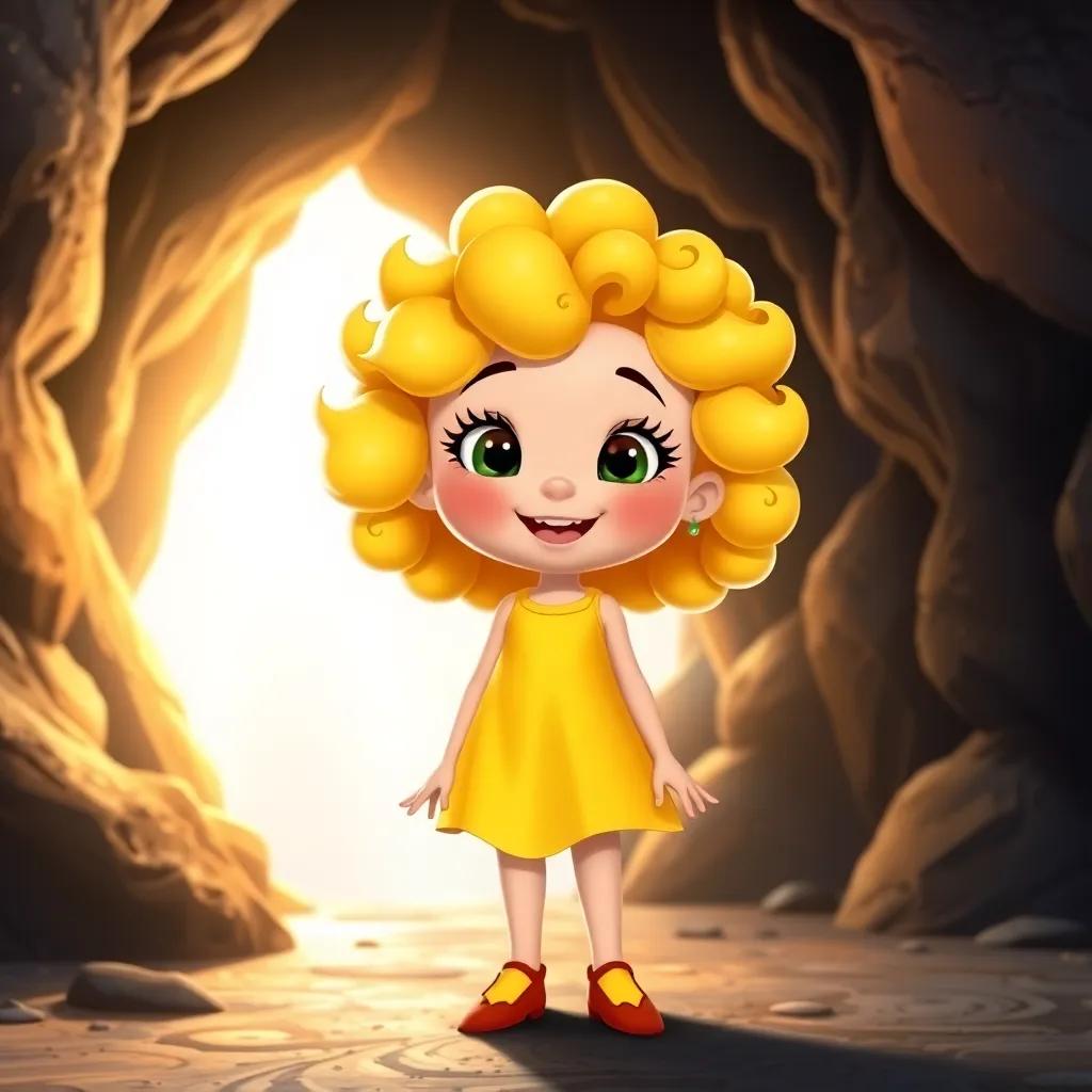 A cheerful girl, Daisy, with curly blonde hair, wearing a bright yellow dress, standing at the entrance of a sparkling cave, light filtering through, adventurous spirit, vibrant colors, inviting atmosphere