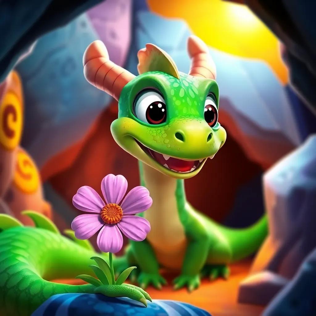 A friendly dragon, Draco, with bright green scales and big twinkling eyes, smiling widely at Daisy, colorful cave interior around them, warm light, magical scene, child-friendly, cheerful