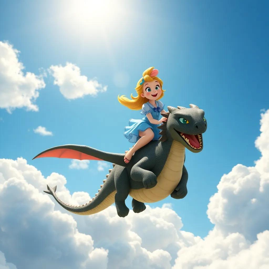 Daisy riding on Draco's back, soaring high in the sky among fluffy white clouds, joyful expression on her face, sunlight shining down, adventurous mood, dynamic perspective, bright blue sky, whimsical touch