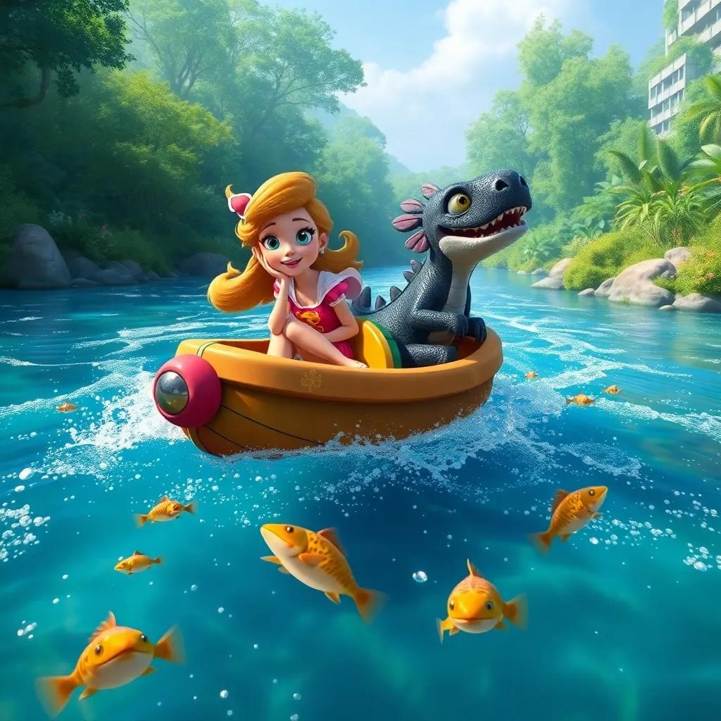 Daisy and Draco gliding over a sparkling river, with playful fish jumping out of the water below, lush greenery on the riverbanks, exciting scene, colorful, delightful environment