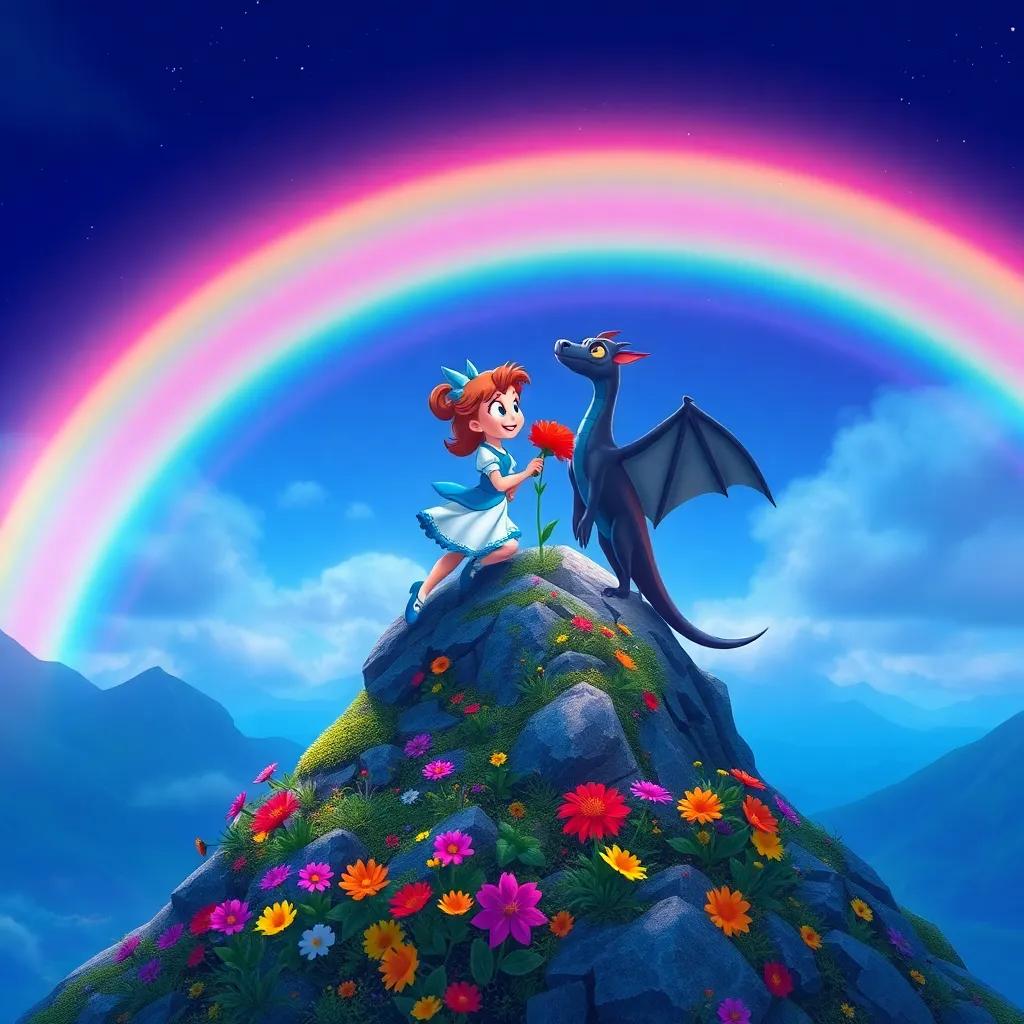 Daisy and Draco landing on a mountain peak, surrounded by a beautiful rainbow and colorful flowers, Daisy picking a bright red flower, serene and enchanting scene, rich colors, joyful atmosphere