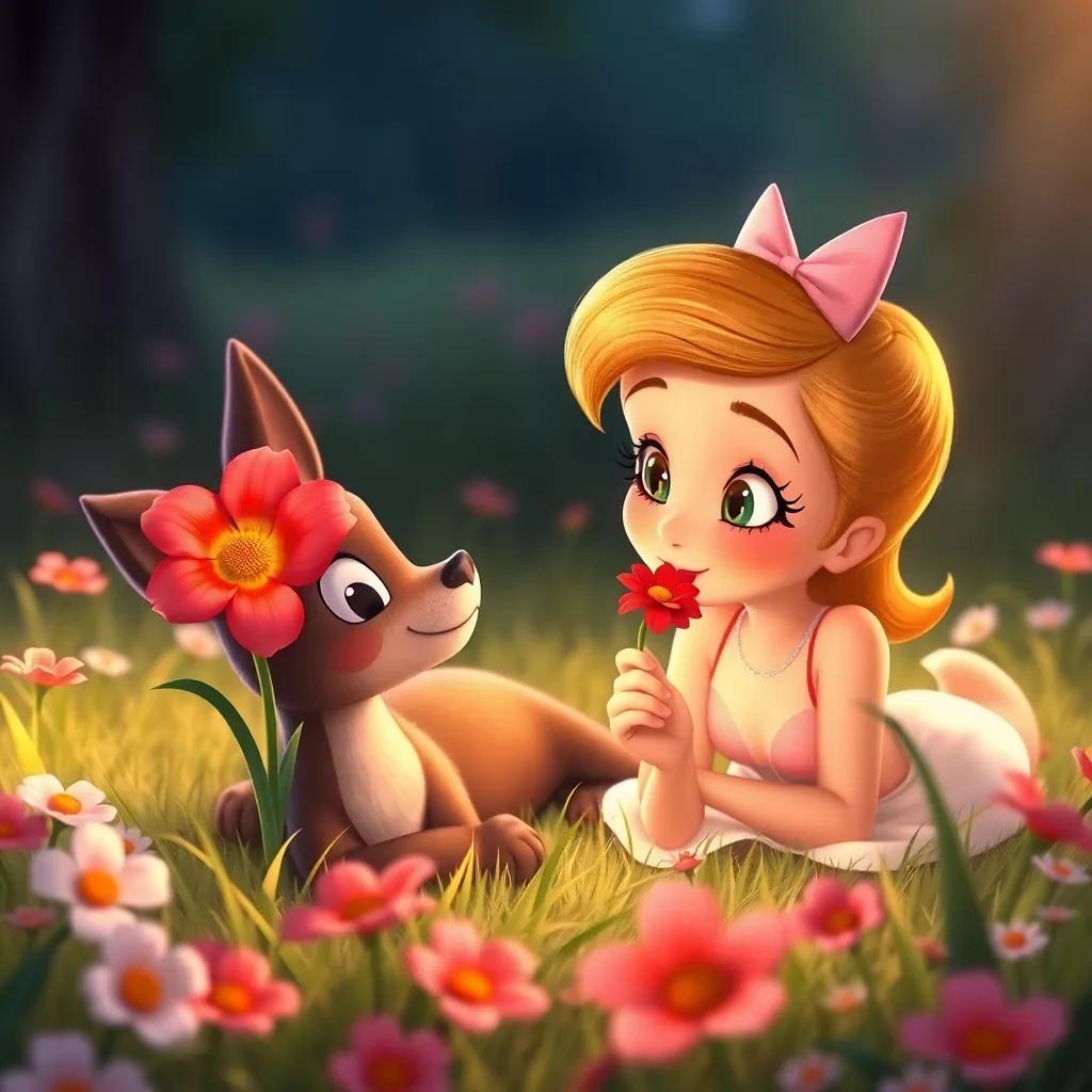 Daisy smelling a bright red flower, with Draco lying beside her, attentive and friendly expression, soft grass and flowers all around, warm light, tranquil essence, storybook setting