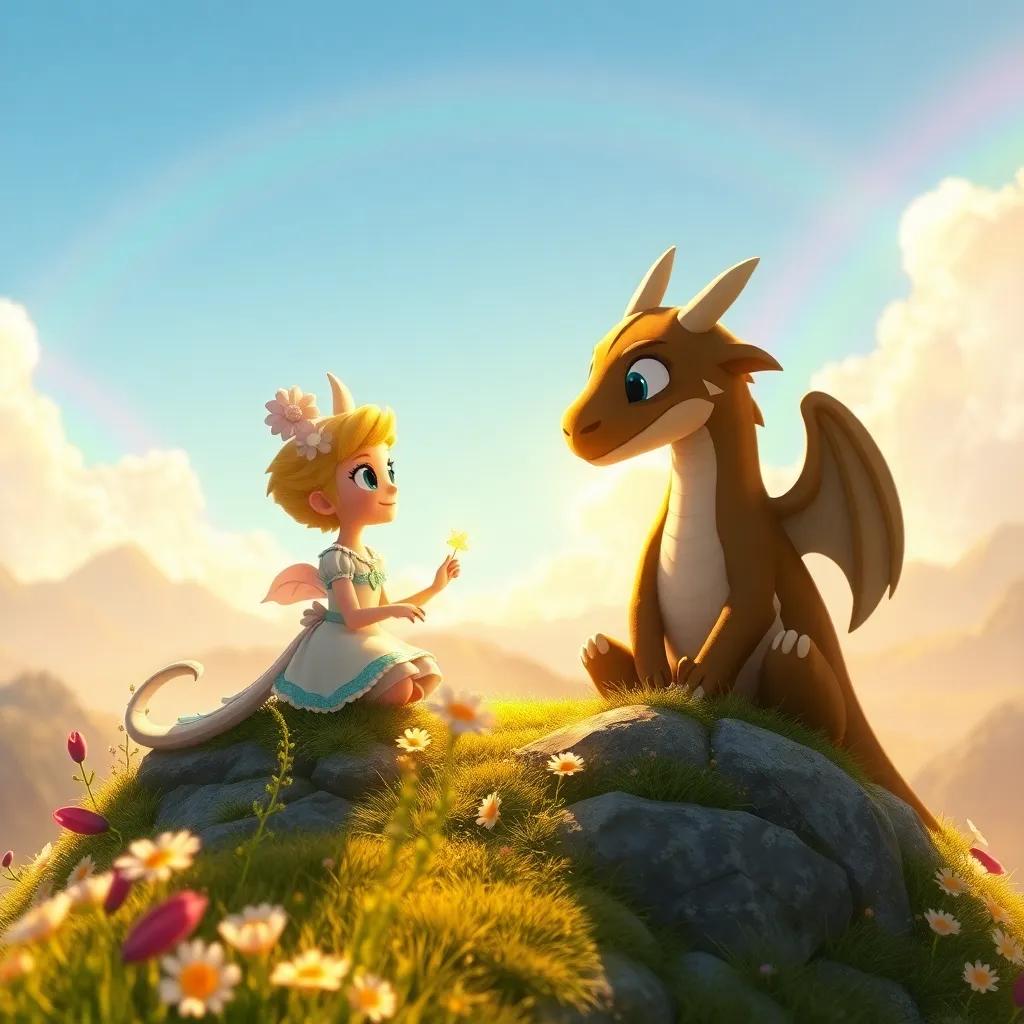 Daisy sharing her dreams with Draco, sitting on a mountain peak, with flowers and rainbows in the background, warm sunlight, whimsical storytelling scene, inviting and heartwarming