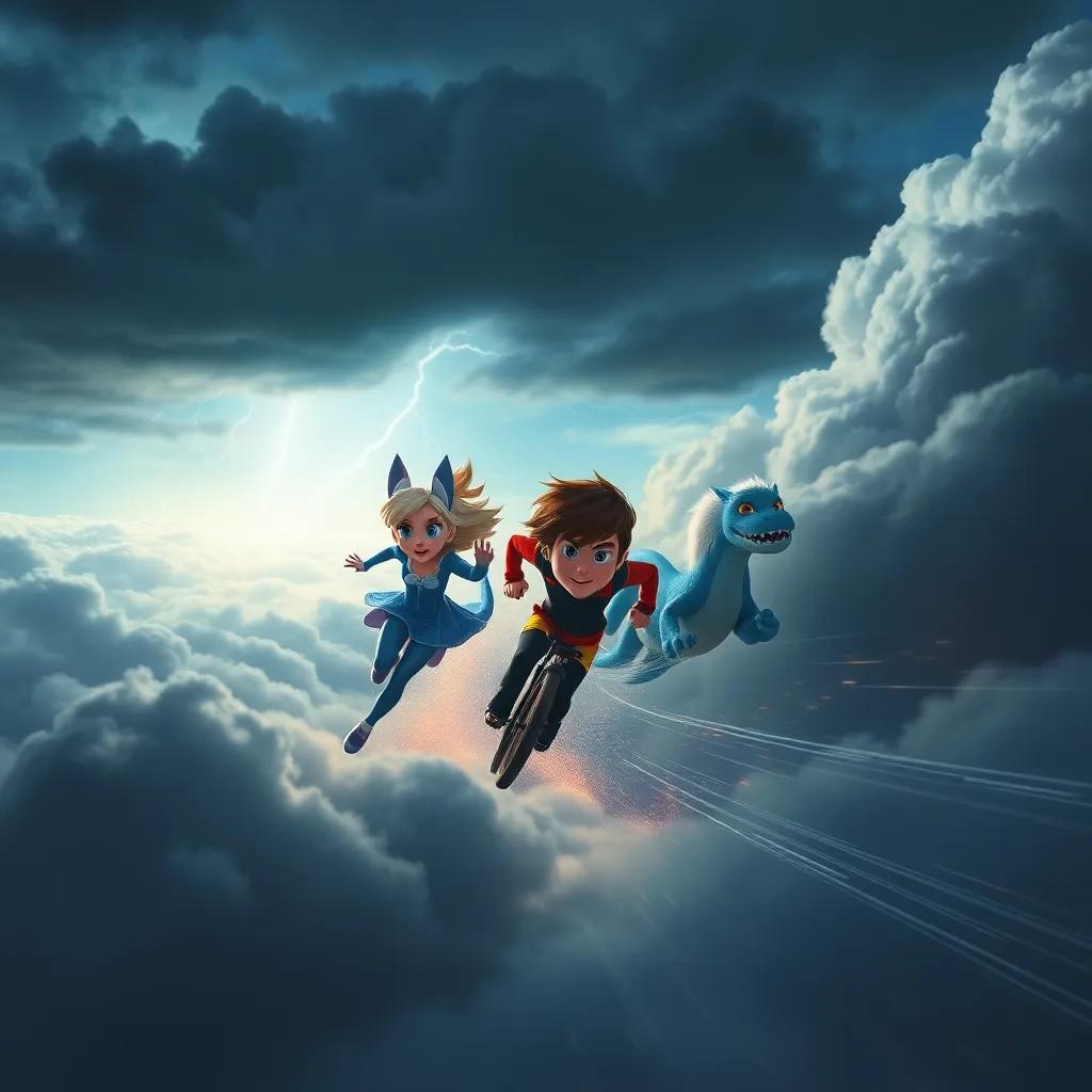 A storm approaching as Daisy and Draco race through the clouds, with dark clouds and flashes of lightning in the distance, a sense of urgency, dynamic action scene, vivid colors, thrilling atmosphere