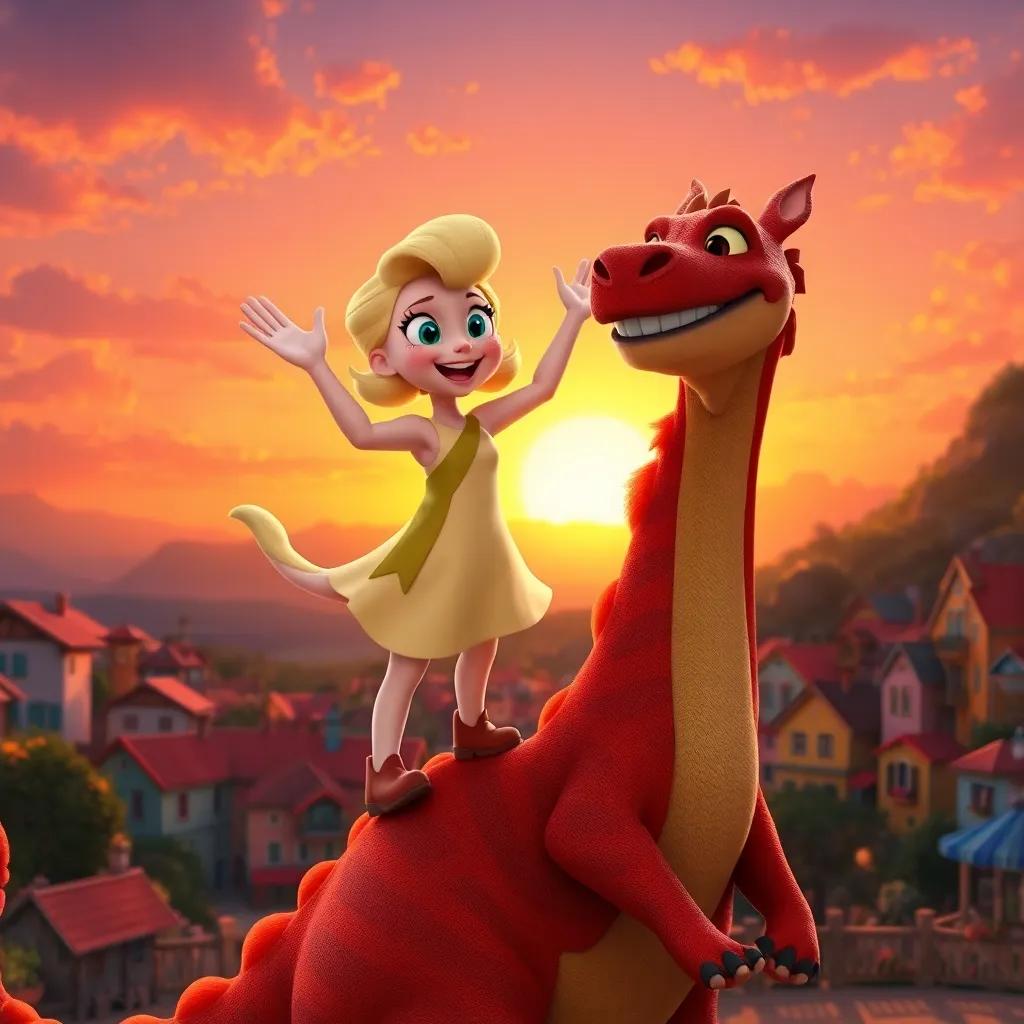 Daisy hopping off Draco's back, waving goodbye with a huge smile, Draco smiling back, colorful village in the background, beautiful sunset, heartwarming farewell, friendly vibe
