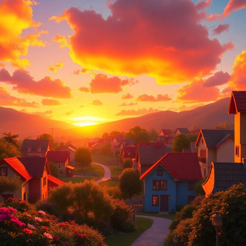 A distant view of the village, with colorful houses under a vibrant sunset sky, Daisy's joyful adventure remembered, warm colors, peaceful final image, joyful reminiscence
