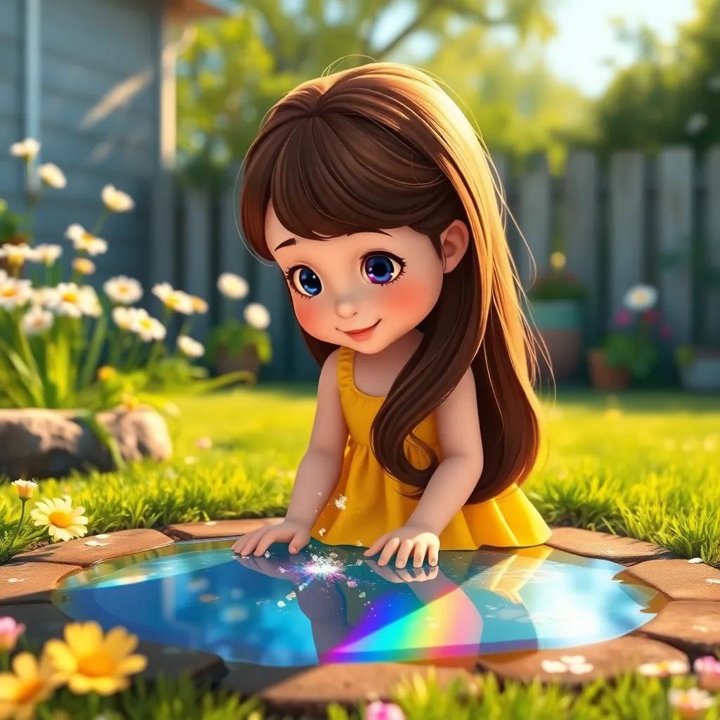 A little girl, Daisy, with long brown hair wearing a yellow dress, discovering a sparkling rainbow puddle in her backyard filled with sunlight and flowers, cheerful atmosphere, digital art, vibrant colors, whimsical scene, high quality