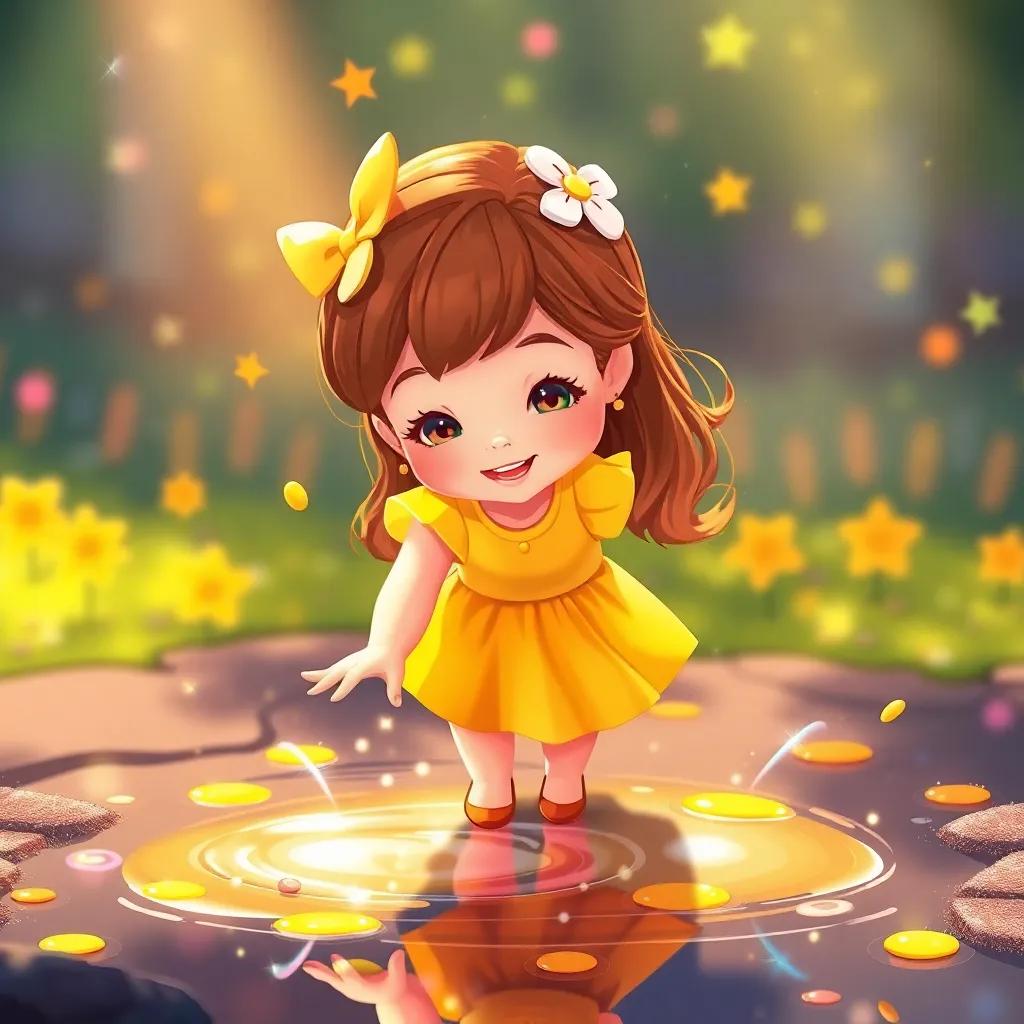Daisy, a little girl with long brown hair in a yellow dress, touching the magic puddle with colorful splashes all around her, sparkles dancing in the air, joyful moment, playful vibe, illustration, warm light