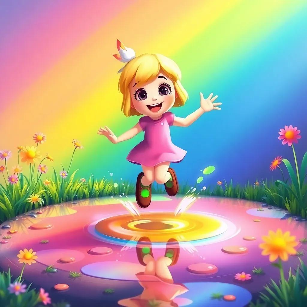 Daisy jumping happily in the colorful puddle, her brown shoes turning bright green, surrounded by giggling grass and blooming flowers in rainbow colors, bright and cheerful scene, fun atmosphere, digital painting, vivid colors