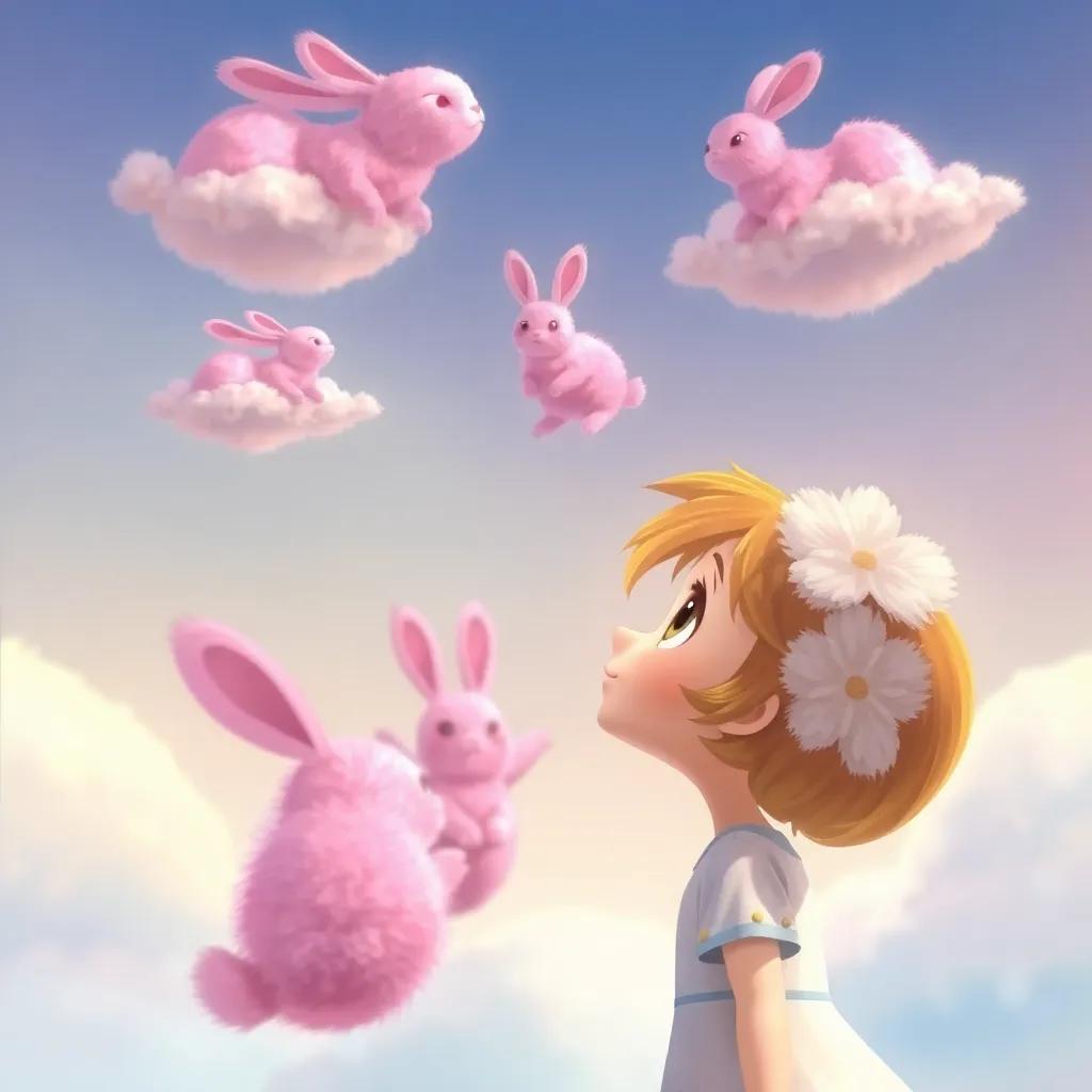 Daisy looking up at fluffy pink bunnies in the colorful sky, clouds shaped playfully like animals above her head, creating a dreamy and magical feeling, illustration, soft and enchanting