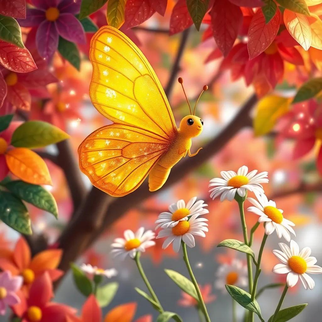 A big golden butterfly with sparkles on its wings dancing around Daisy in a colorful tree, leaves sparkling like jewels, cheerful scene, playful interaction, digital art, detailed and vibrant