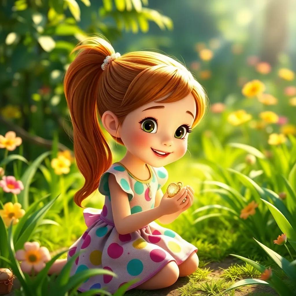 A young girl, Daisy, with bright brown hair in a ponytail, wearing a colorful dress, kneeling in a lush green garden holding a sparkling golden locket, sunlight shining, vibrant colors, cheerful atmosphere, high quality