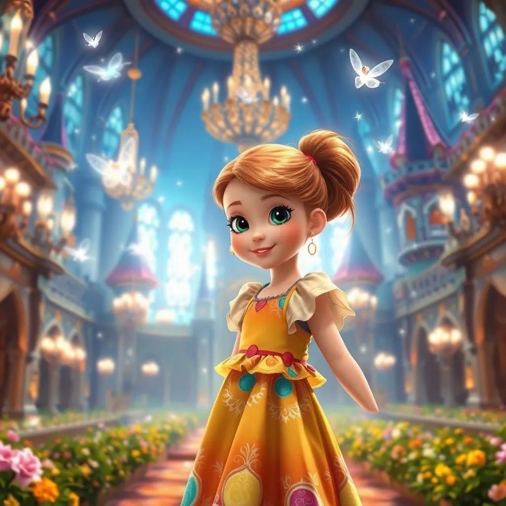 Daisy, a young girl with bright brown hair in a ponytail, wearing a colorful dress, magically appearing in a beautiful castle, surrounded by sparkling chandeliers and flying fairies, fantasy world, warm light, inviting, high quality