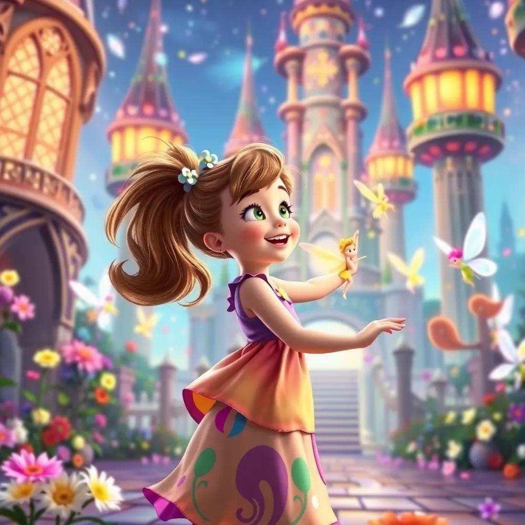 Daisy, a young girl with bright brown hair in a ponytail, wearing a colorful dress, happily dancing with friendly fairies in a glorious castle filled with joy, magical scenery, bright colors, vibrant, high quality