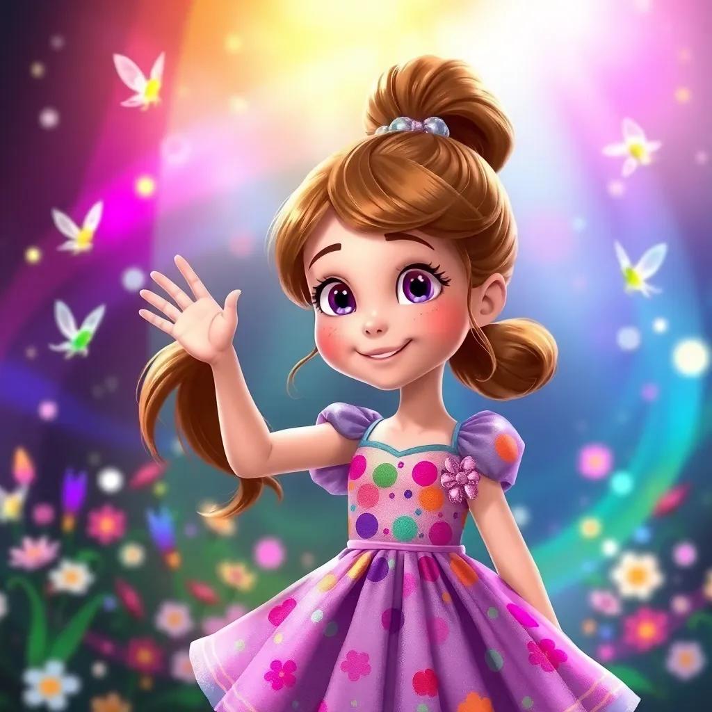 Daisy, a young girl with bright brown hair in a ponytail, wearing a colorful dress, waving goodbye to the fairies while colors swirl around her, colorful and whimsical scene, magical atmosphere, high quality