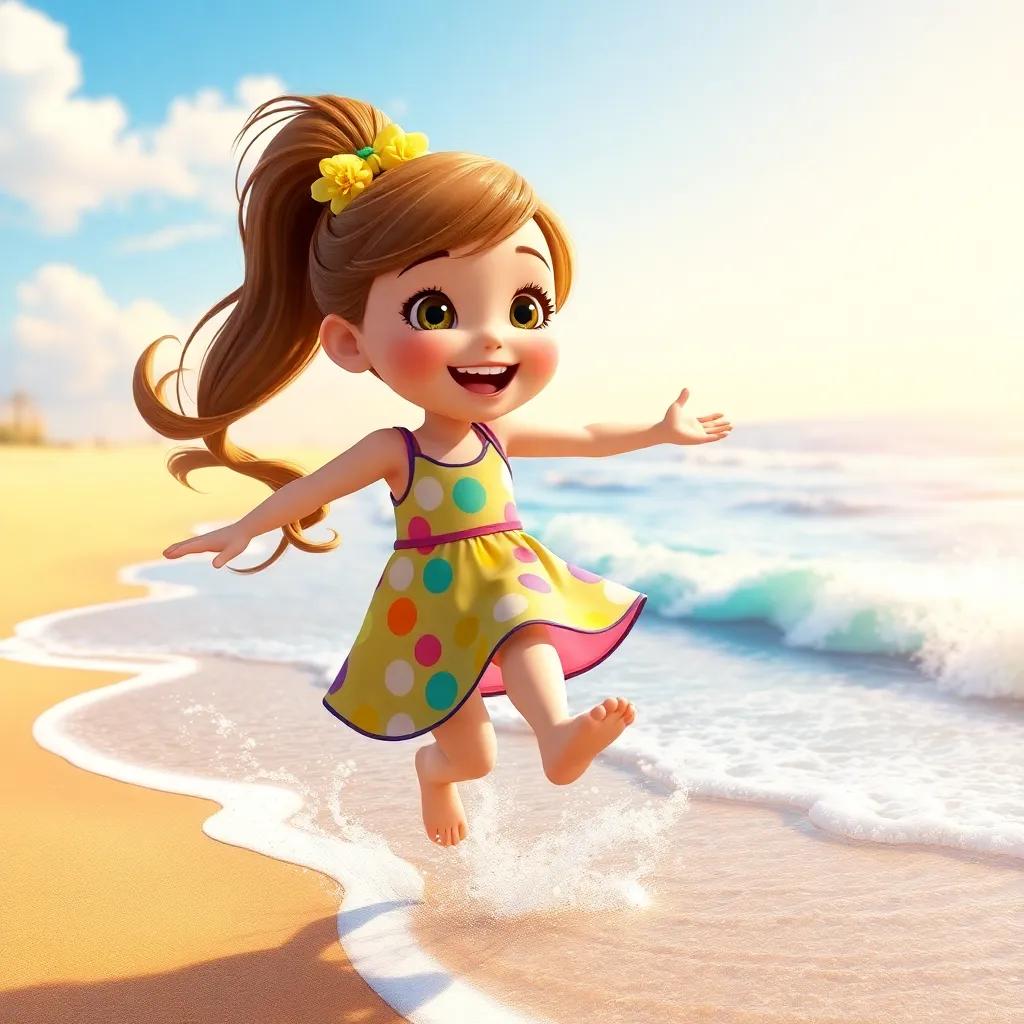 Daisy, a young girl with bright brown hair in a ponytail, wearing a colorful dress, landing on a sunny beach with golden sand and sparkling waves, joyful scene, bright and cheerful colors, high quality