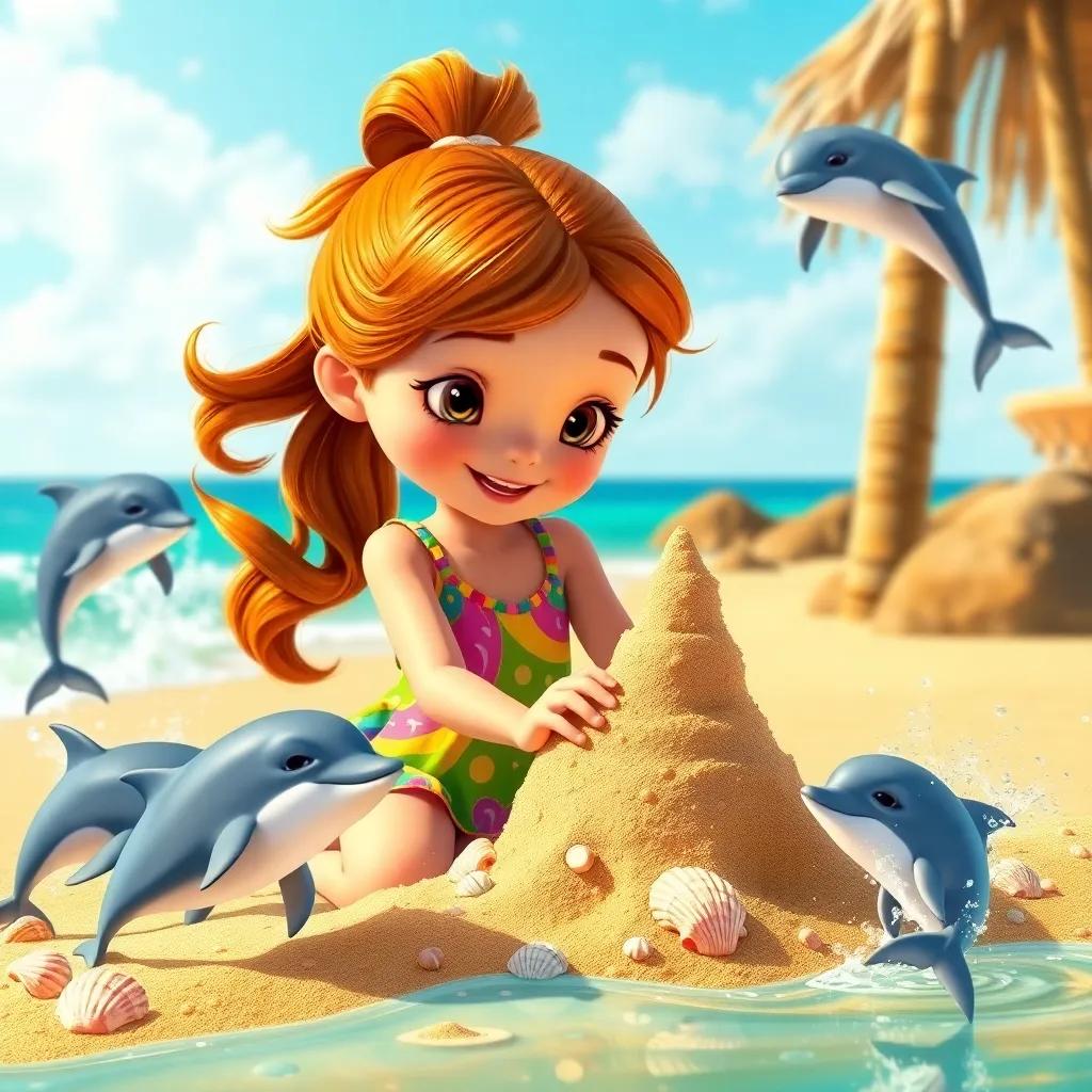 Daisy, a young girl with bright brown hair in a ponytail, wearing a colorful dress, building a sandcastle with seashells on a sunny beach, surrounded by playful dolphins splashing water, fun and bright scenery, high quality