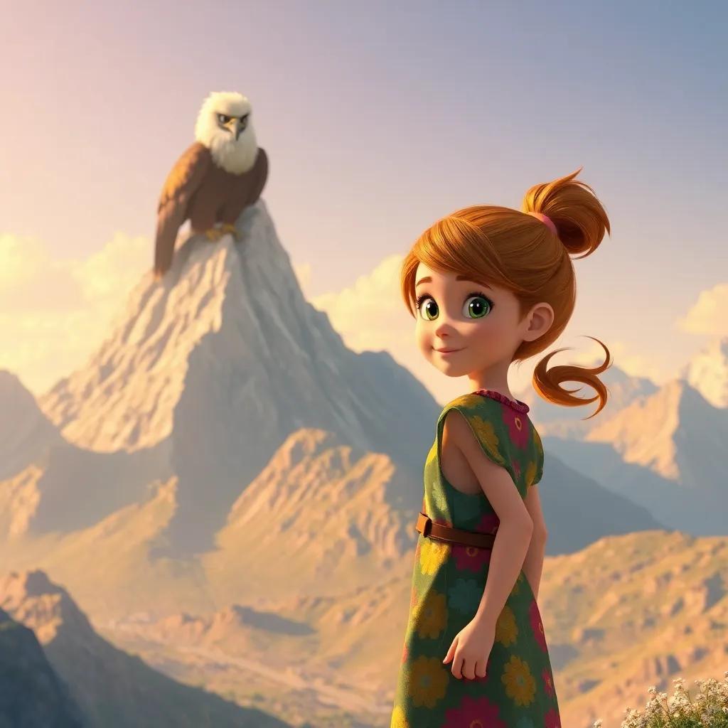 Daisy, a young girl with bright brown hair in a ponytail, wearing a colorful dress, arriving in a tall mountain with a wise old eagle perched nearby, majestic landscape, warm light, fascinating view, high quality
