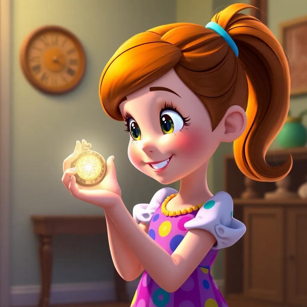 Daisy, a young girl with bright brown hair in a ponytail, wearing a colorful dress, with the magical locket glowing in her hand, looking excited and ready for her next adventure at home, vibrant and bright colors, high quality