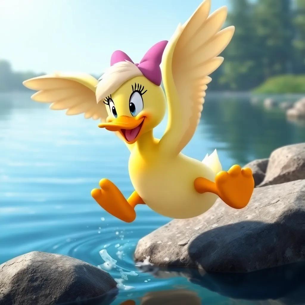 Daisy the duck, practicing her flapping wings by jumping off a rock into the clear water, close up on her joyful expression, sparkling lake, digital illustration, lively colors, action shot, imaginative