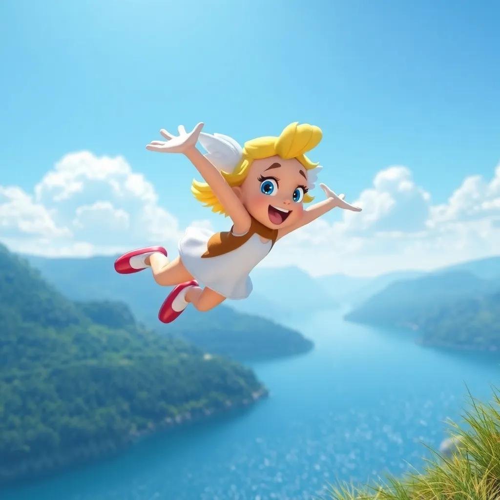 Daisy jumping off the edge of the hill, flapping with all her might, the blue sky and sparkling lake below her, action shot, excitement in every stroke, dynamic perspective, heartwarming