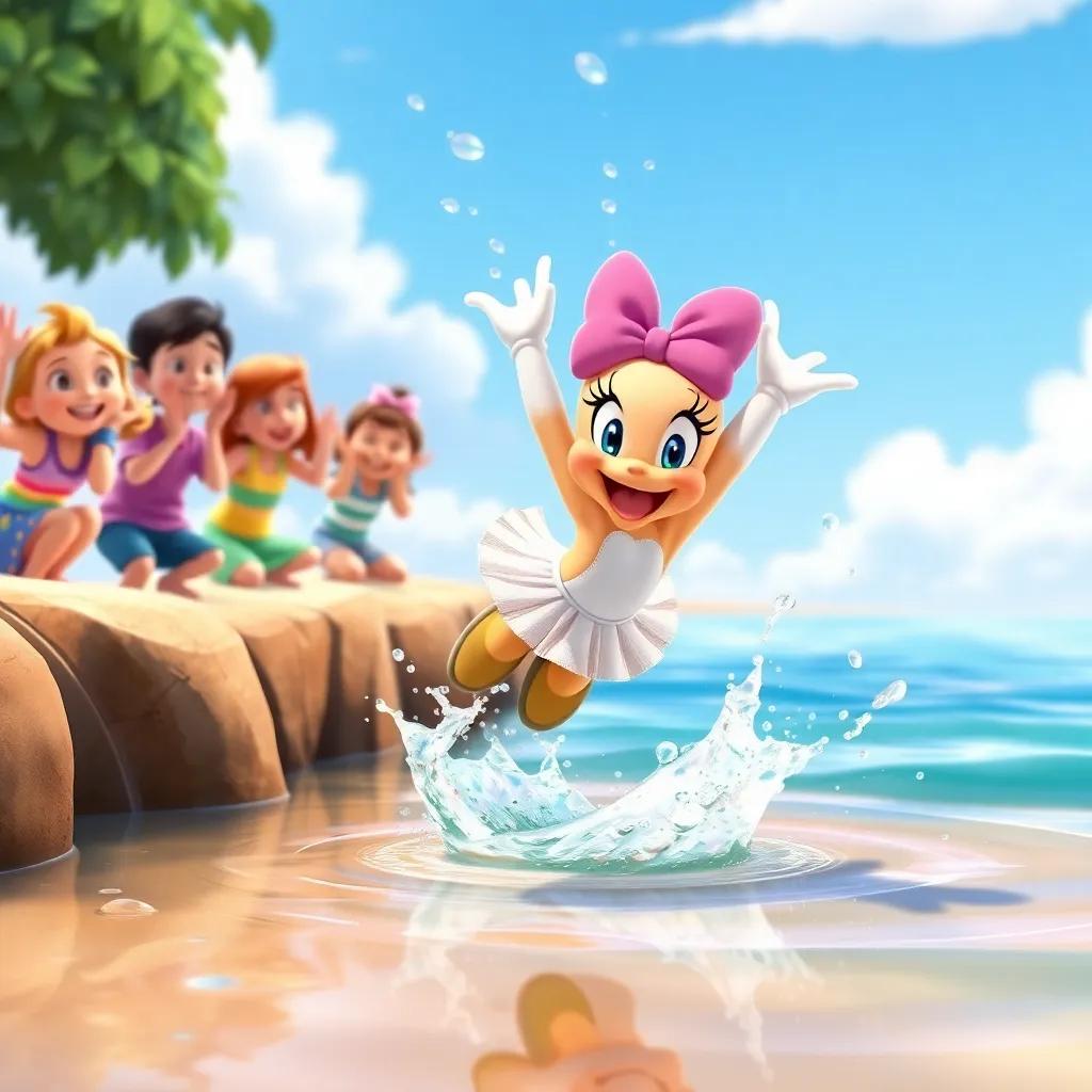 Daisy splashing into the water after her jump, friends cheering from the shore, droplets of water flying in the air, joyful celebration, vibrant colors, playful scene, child-friendly