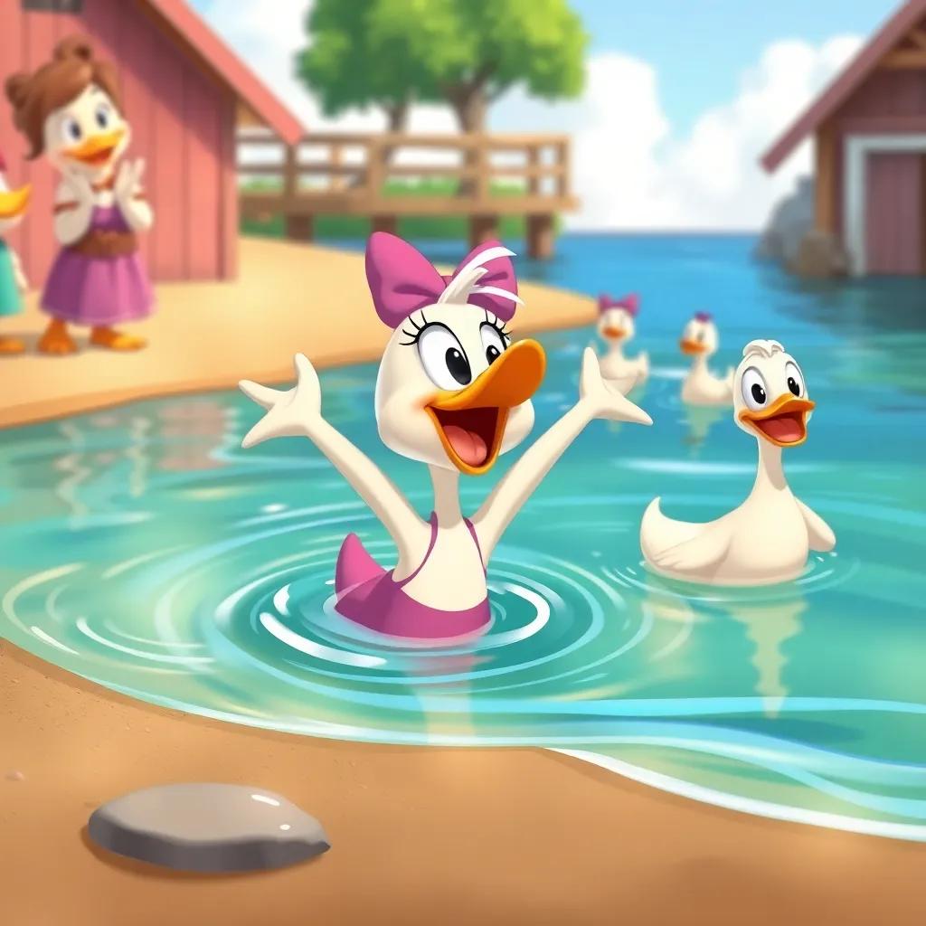Daisy swimming to shore, excited and thrilled, other ducks clapping and enjoying her bravery, colorful setting, friendly atmosphere, heartwarming illustration, detailed, lively