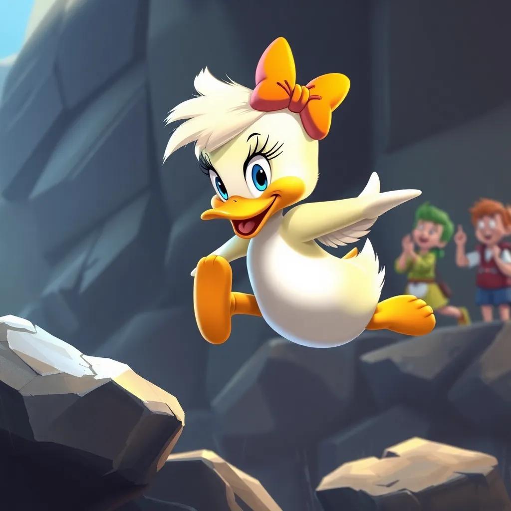 Daisy the duck, practicing every day, jumping from higher rocks with determination in her eyes, focused moment, with cheering friends in the background, detailed digital art, dynamic colors