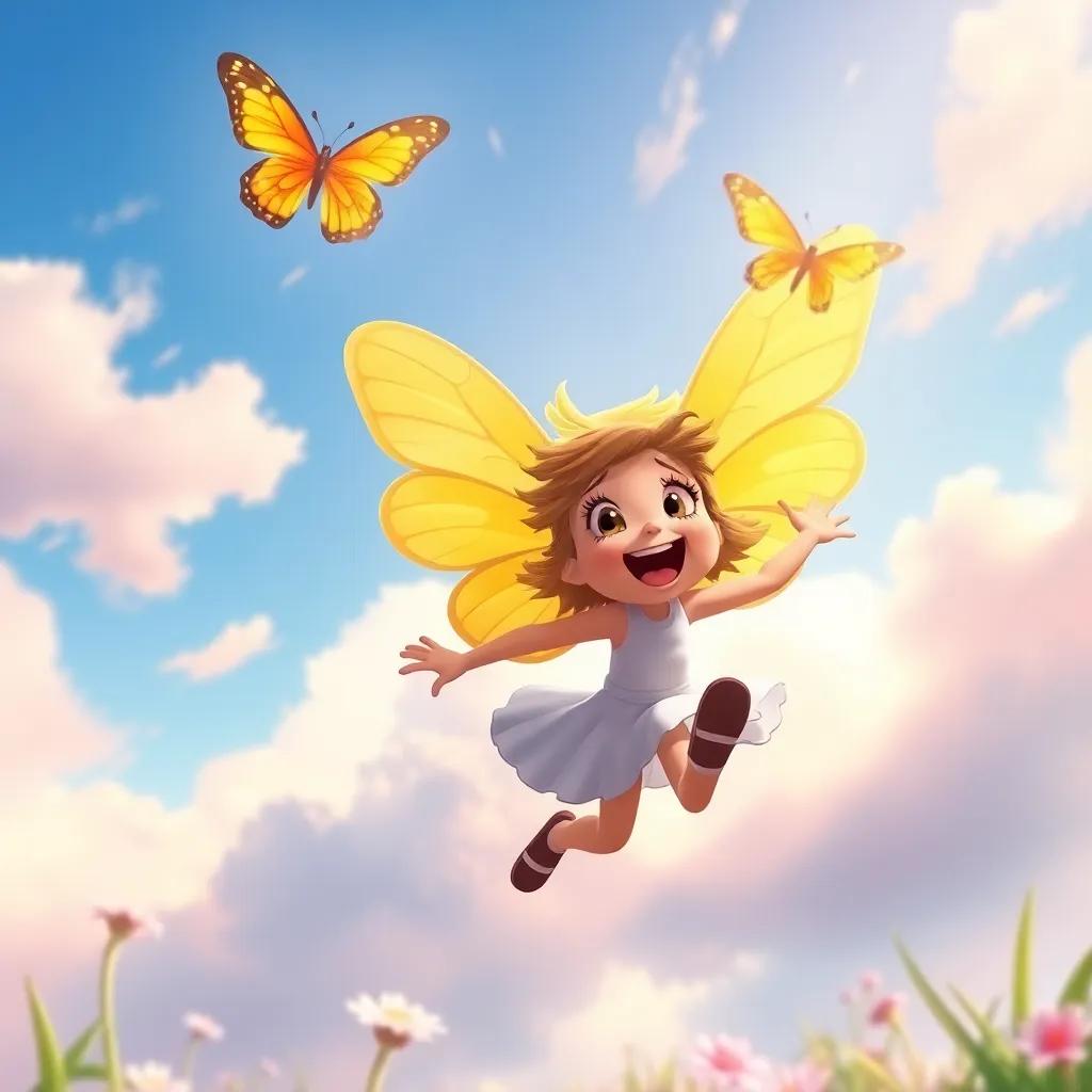 Daisy chasing a beautiful butterfly in the sky, wings spread and joyful expression, caught in flight, adventurous mood, vibrant sky, whimsical style, colorful and fun