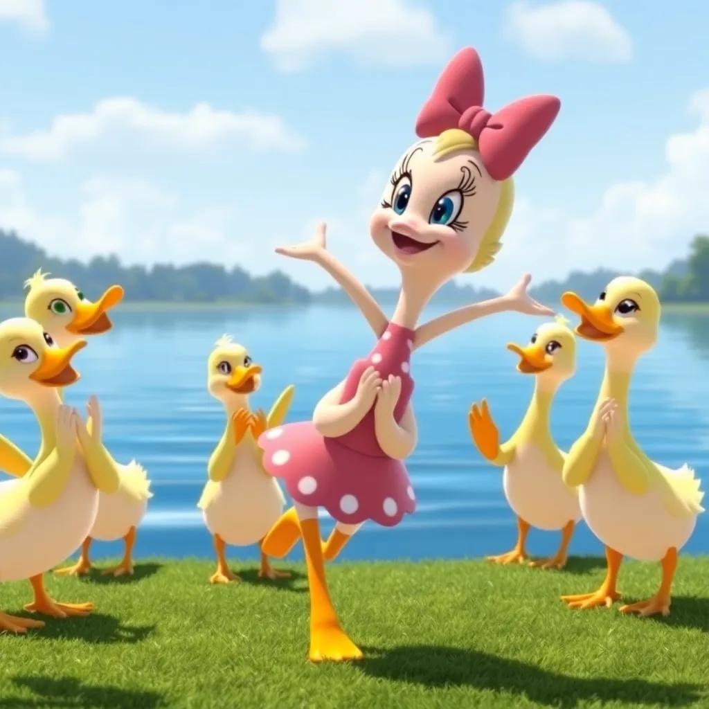 Daisy smiling at her friends after her flying attempt, ducks clapping their wings in amazement, heartwarming scene with the lake in the background, cheerful colors, friendly atmosphere