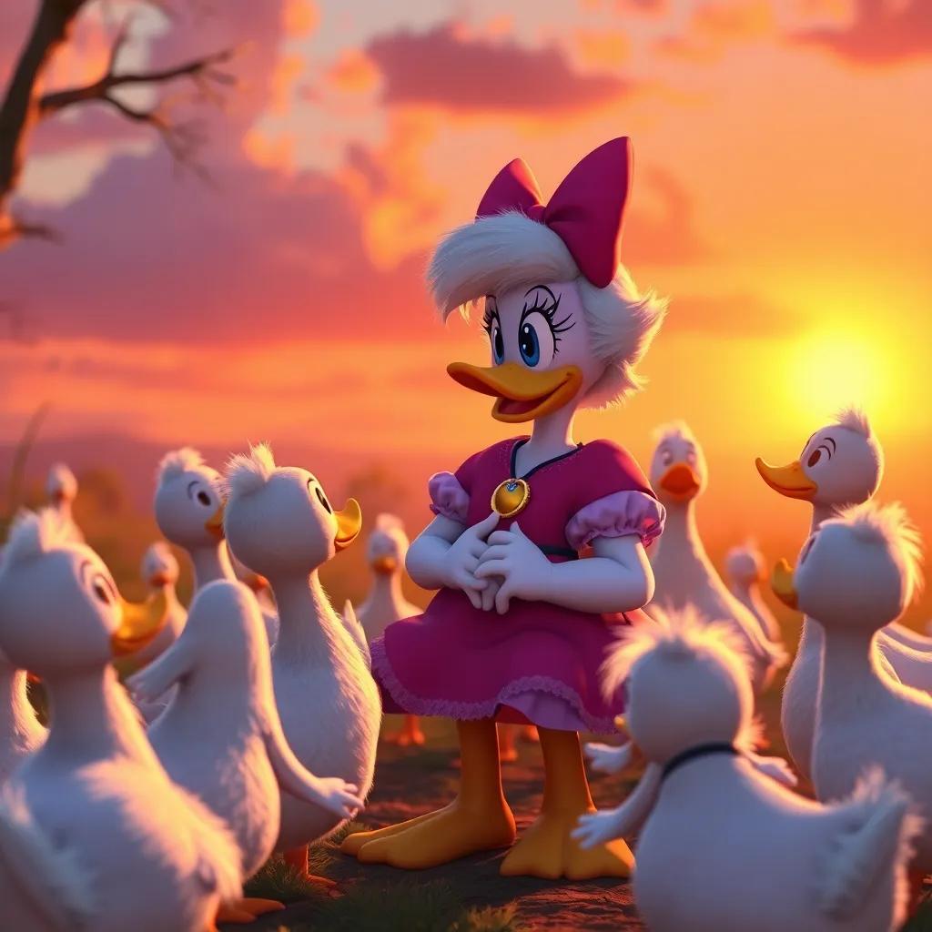 Daisy as a legend, with a group of ducks gathered around her, sharing stories about her bravery and determination, warm sunset, inspiring moment, filled with vibrant colors and smiles.