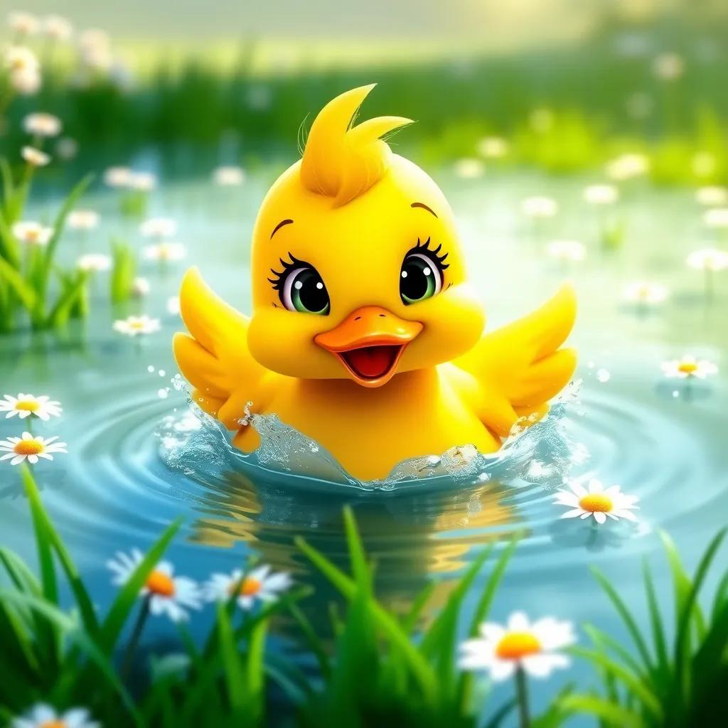 A cute duck named Daisy, with bright yellow feathers and a cheerful smile, splashing in a sparkling pond surrounded by green grass and daisies, a sunny day, vibrant colors, joyful atmosphere, digital art, cheerful and friendly scene