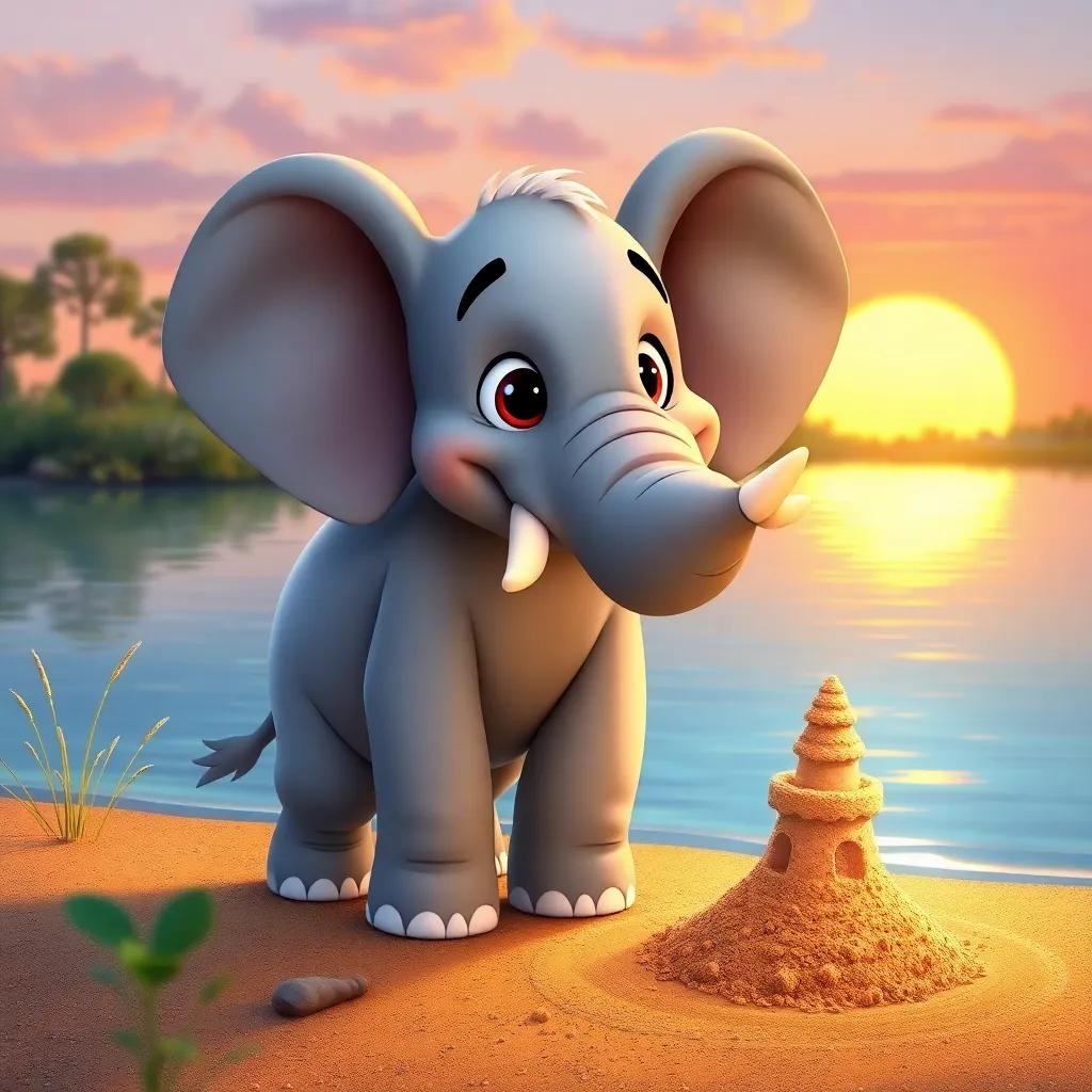 A friendly elephant named Ellie, with gray skin and big, floppy ears, standing on the shore of the pond, using her feet to build a sandcastle, sun setting in the background, warm light, playful environment, illustration, engaging and fun