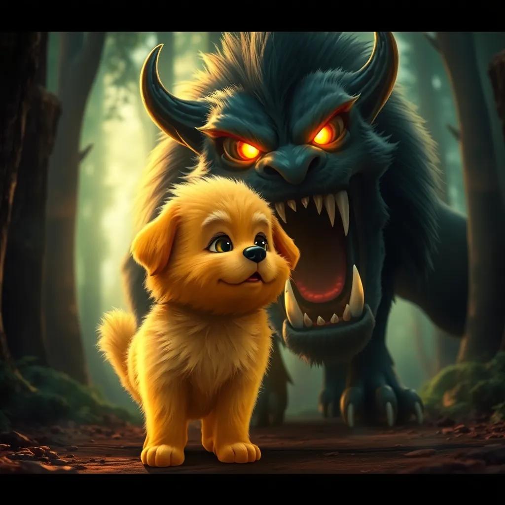 A fluffy golden puppy, Max, standing bravely in front of a fierce beast, with sharp teeth and glowing eyes, in a forest, tense moment, dramatic light, contrasting colors, digital painting, high quality
