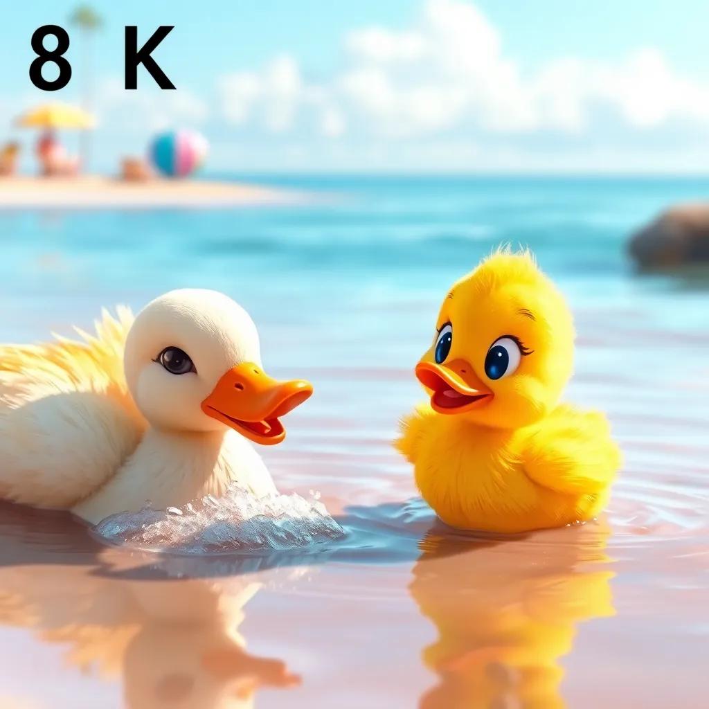A happy scene of Daisy, the little yellow duckling, splashing in the shallow water next to her soft-feathered mother, colorful beach scene, bright daylight, joyful atmosphere, digital painting, vibrant colors, inviting tone, high quality